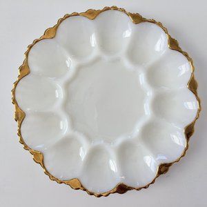 Vintage Anchor Hocking Milk Glass Egg Plate with Gold trim